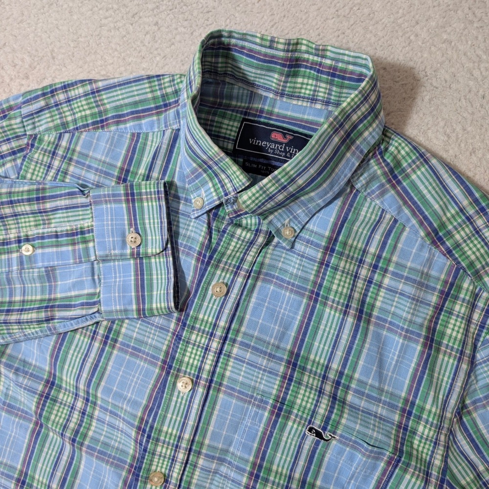 Vineyard Vines L/S Button Down Mens Sm Blue Green Plaid Slim Fit Tucker Shirt